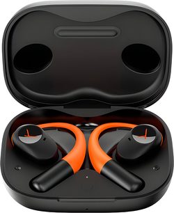 Beyerdynamic Amiron 200 sport ørepropper i sort og orange plast, med ørekroge, åbent opladningsetui