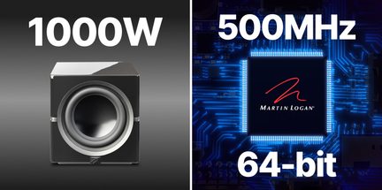 Frontansicht eines schwarzen Subwoofers mit silbernem, kreisförmigem Lautsprecher links und schwarzem Mikrochip auf blauer Schaltung rechts