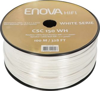 Reproduktorový kabel Enova HIFI CSC 150 WH bílý v cívce, pohled zepředu se zlatou etiketou White Serie