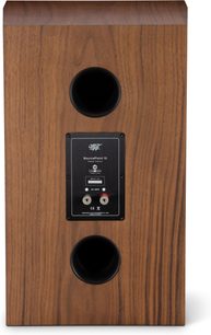 Enceinte bibliothèque MoFi Electronics SourcePoint 10 Master Edition noyer vue arrière avec deux évents et borniers