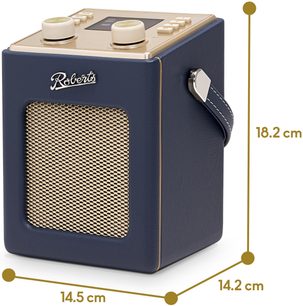 Roberts Mini 2 Lautsprecher in Marineblau aus Kunstleder, goldfarbenes Metallgitter, Oberseite mit Drehreglern und Display, Griff, 3/4-Ansicht