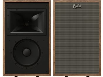 Diffusore da scaffale Klipsch Rebellion noce, frontale nero con tromba e altoparlante, griglia in tessuto rimovibile