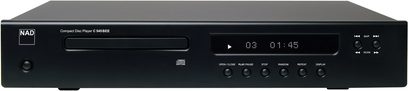 NAD C545BEE CD-afspiller, sort front, blåt display, sølvfarvede knapper, hovedtelefonstik, USB-port, CD-bakke
