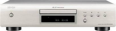 Denon DCD-600NE CD-afspiller i sølv, set forfra, digitalt display, kontrolknapper, diskskuffe, tilslutninger på bagsiden