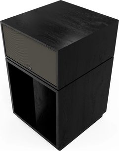 Klipsch La Scala AL6 sort træ gulvhøjttaler med tekstureret finish, frontgitter og åben base set fra en vinkel