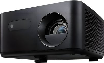 Videoproiettore Optoma Photon Life PK31 nero opaco in plastica, vista a tre quarti frontale, obiettivo ampio, griglia laterale perforata