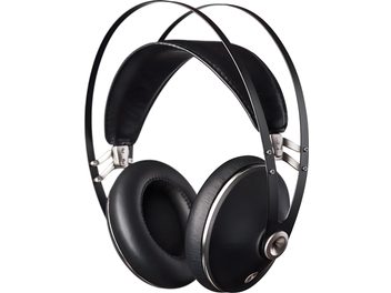 Căști audio circumauriculare Meze 99 Neo negre, văzute din profil stânga, cu cupe și arc metalic argintiu și pernuțe din piele