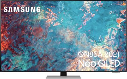 Samsung QE85QN85A 85" TV, neo QLED-skjerm som viser fargerike abstrakte former i blått og rødt på turkis bakgrunn