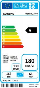 Energielabel van een Samsung UE65HU7500 televisie, klasse A, 130 W, 180 kWh/jaar, 163 cm