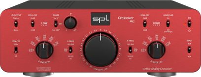 Rdeč aktivni avdio filter SPL Crossover Mk2, sprednji pogled s krmilniki frekvenc in ravni