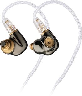To Meze Audio ADVAR in-ear hovedtelefoner i forgyldt metal og sort, med flettet gennemsigtig hvid kabel