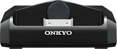 Sort Onkyo HT-S6305 hjemmebiografsystem, set forfra, med integreret iPod-dok i midten