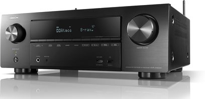 Denon AVR-X1600H sort hjemmebiografsforstærker, set forfra, blåt LED-display, sølvfarvede knapper og drejeknapper til justering