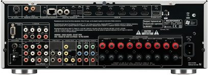 Marantz SR5006 sort hjemmebiografsforstærker, bagside, analog og digital lyd/video-tilslutning, højttalerstik