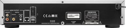 Onkyo C-N7050 sølvfarvet CD-afspiller, bagside, audio- og netværksforbindelser, visning af tekniske specifikationer