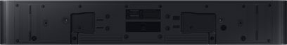 Front view of the black Samsung HW-S66D soundbar, with speaker grilles, buttons, and ports on the right side
