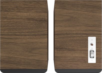Diffusori Klipsch The Sevens II noce vista laterale del set di 2 con finitura in legno scuro e manopola argentata