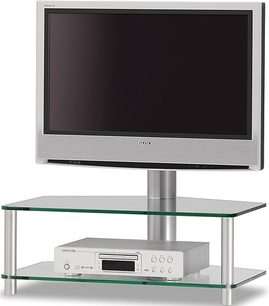 TV-møbel Spectral Panel PL150 i glas og metal, med fladskærmsophæng, hylde og opbevaring til DVD-afspiller