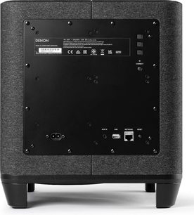 Denon Home Subwoofer svart, frontvy, svart tygfasad, anslutningar och kontroller på baksidan