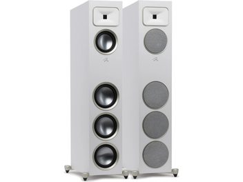 Dos altavoces de columna MartinLogan Foundation F1 blancos, 4 altavoces, bases gris claro con puntas