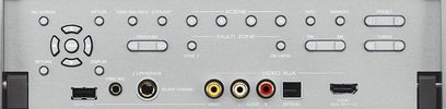 Wzmacniacz kina domowego Yamaha RX-A1030 w kolorze srebrnym, widok od tyłu, złącza audio/wideo, gniazda i przyciski regulacyjne
