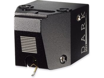 Vertere Acoustics Dark Sabre sort pladespiller, set forfra, med tonarm og stik på bagsiden