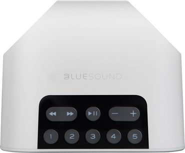 Diffusore wireless connesso BlueSound PULSE FLEX 2i bianco, vista frontale, pulsanti di controllo neri sulla parte superiore