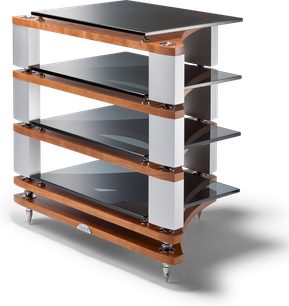 Scaffale hi-fi Naim Audio Fraim in legno e metallo visto di 3/4, 4 ripiani, piedini conici, disponibile in 2 altezze