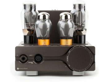 Hochwertiger Kopfhörervorverstärker Feliks Audio Euforia Evo schwarz mit vier sichtbaren Röhren und großem vorderem Drehknopf
