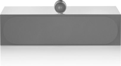 Bowers & Wilkins HTM71 S3 centrale luidspreker, zijwaarts gezien, rechthoekige vorm, ronde metalen grill, satijnwit