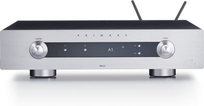 Primare PR35 stereo preamplifier in silver finish, front view, rotary knobs, digital display, rear connectors