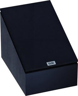 Højttaler med Dolby Atmos Elac Debut 3.0 DA43 Atmos i sort, træeffektkasse, hældet grillaget top, set fra tre kvart