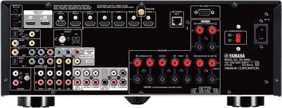 Yamaha RX-A850 sort hjemmebiografsforstærker, frontpanel, frontvisning, mange stik og knapper, digitalt display