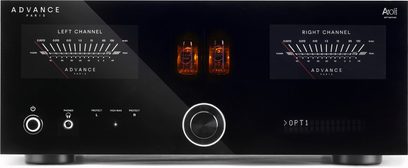 Stereo zesilovač Advance Paris A10 Apex 30TH, čelní panel v černé barvě, dva VU metry, oranžové elektronky, kovové tlačítko, pohled zepředu