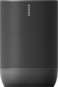 Trådløs Sonos Move-højttaler i sort, cylinderformet, perforeret metalgitter, hvidt logo, mat plastikbase