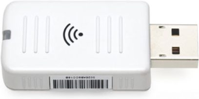 Hvid rektangulær trådløs transmitter fra Epson ELPAP10, 6 stik, bølgesymbol, 2 USB-porte, kompakt