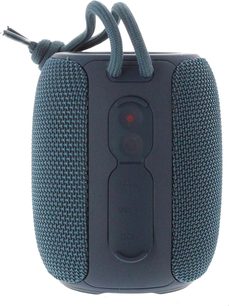 Bluetooth-højttaler Yourban Getone 25 blå, set forfra, overflade i tekstureret stof, snor fastgjort øverst, synlige knapper
