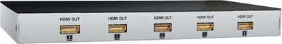 Sort HDMI-fordelingsboks Real Cable HDD18 med 5 HDMI-hunstik på forsiden, set forfra