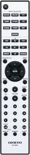 Onkyo TX-8150 sort hi-fi stereoforstærker set forfra med fjernbetjening ovenpå, knapper og display på forsiden