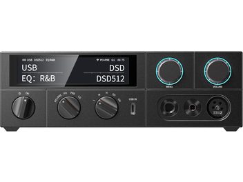 FiiO K15 hodetelefonforforsterker, svart metallkabinett, frontvisning med skjerm, USB-C og utganger 6,35 mm, 4,4 mm, 4-pins XLR