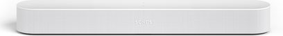 Hvid Sonos Beam lydbjælke, set forfra, med en aflang, horisontal rektangulær form, glat og ensartet hvid overflade