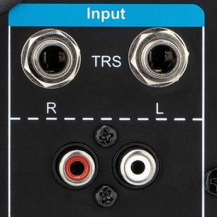 Forstærket højttaler Fluid Audio C5 sort, forfra med visning af TRS- og RCA-indgangsstik og volumenkontrol