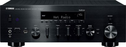 Yamaha R-N803D sort hi-fi stereforstærker, set forfra, sort front med LCD-skærm, sølvfarvede knapper og kontrolknapper