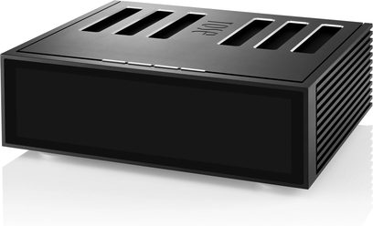 Zwarte "all-in-one" high-fidelity systeem Rose RS520, rechthoekige zwarte behuizing met ventilatieopeningen en 6 knoppen bovenop