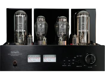 Line Magnetic LM-805IA MKII juodas integruotas stereofoninis lempinis stiprintuvas, vaizdas iš priekio su lempomis ir VU matuokliais