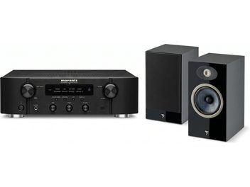 Amplificador estéreo Marantz PM6007 negro con par de altavoces de estantería Focal negros, uno con la rejilla retirada