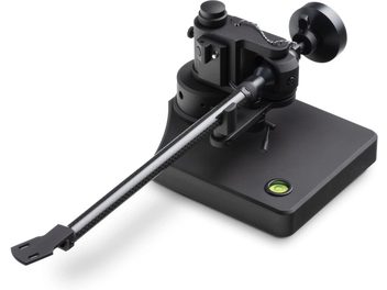Braço para toca-discos EAT F-Note VT 12’’ em carbono preto com base retangular, nível de bolha e contrapeso circular