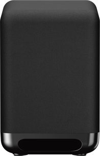 Μαύρο υπογούφερ Sony SA-SW5, ορθογώνιο περίβλημα με στρογγυλεμένες γωνίες, επενδυμένο με ακουστικό ύφασμα και διακοσμημένο με γυαλιστερή μαύρη πλαστική βάση και μπροστινό άνοιγμα, όψη από μπροστά