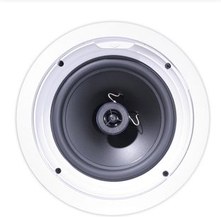 Klipsch R-1800-C indbygget højttaler, set forfra, rund sort højttaler med centralt placeret sølvfarvet diskant, aftagelig hvid gitterbeklædning, 4 monteringsskruer