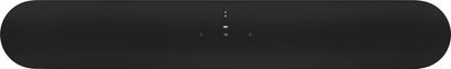 Soundbar Sonos Beam (Gen 2) nera opaca, vista frontale, forma rettangolare allungata con bordi arrotondati, griglia nera su tutta la superficie